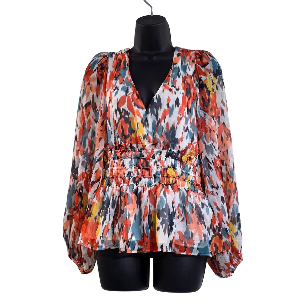 Shyanne Womens Multicolor Abstract Ikat Smocked Peplum Balloon Sleeve Top Medium
